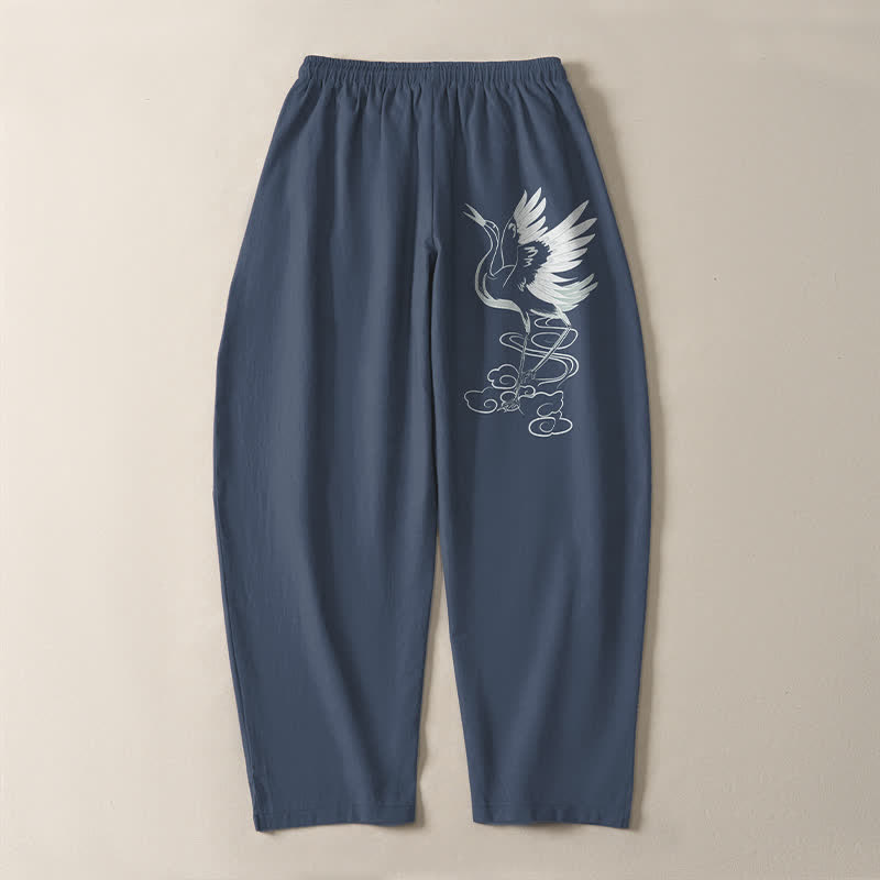 Buddha Stones Pantalon fuselé pour homme en pur coton blanc à motif de grues, avec cordon de serrage et poches - image 3