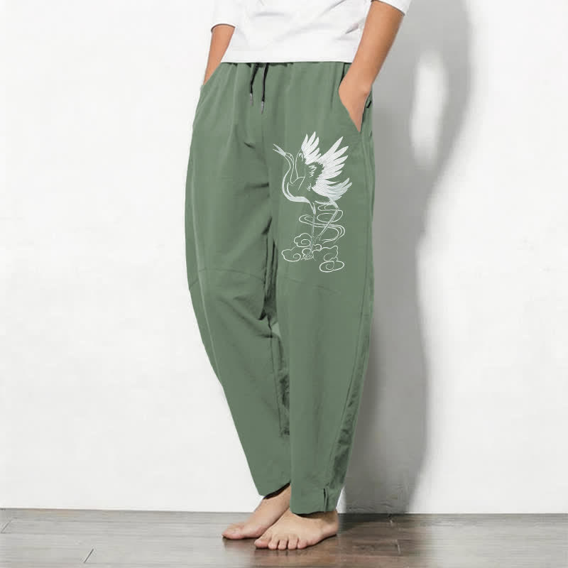 Buddha Stones Pantalon fuselé pour homme en pur coton blanc à motif de grues, avec cordon de serrage et poches - image 8