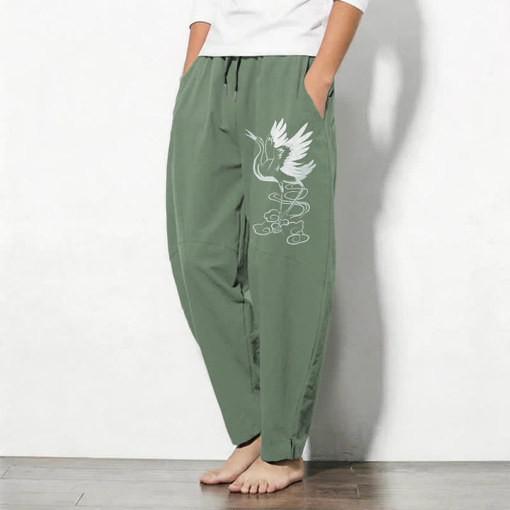 Buddha Stones Pantalon fuselé pour homme en pur coton blanc à motif de grues, avec cordon de serrage et poches - image 8
