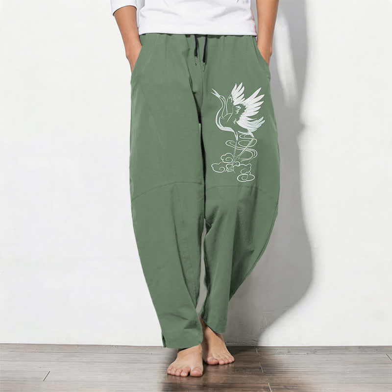 Buddha Stones Pantalon fuselé pour homme en pur coton blanc à motif de grues, avec cordon de serrage et poches - Vert foncé - US/UK/AU50，EU60 (5XL) - image 7