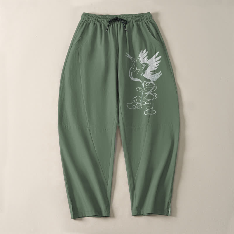 Buddha Stones Pantalon fuselé pour homme en pur coton blanc à motif de grues, avec cordon de serrage et poches - image 9