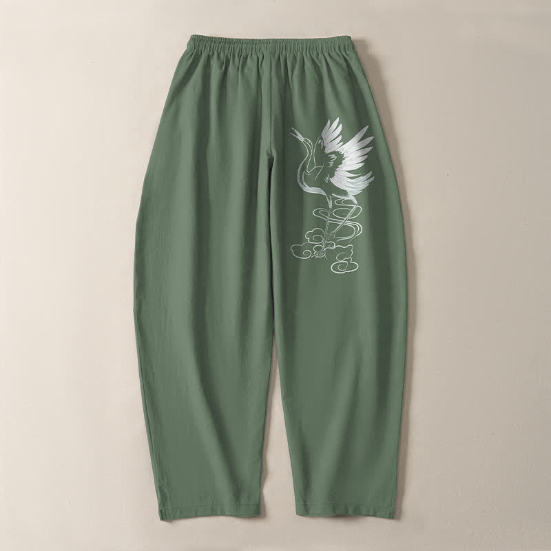 Buddha Stones Pantalon fuselé pour homme en pur coton blanc à motif de grues, avec cordon de serrage et poches - image 10