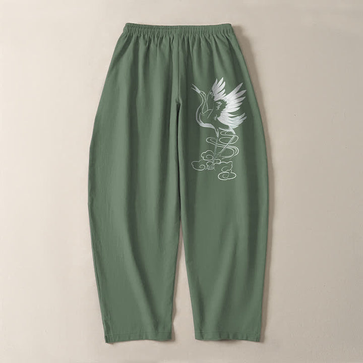 Buddha Stones Pantalon fuselé pour homme en pur coton blanc à motif de grues, avec cordon de serrage et poches - image 10