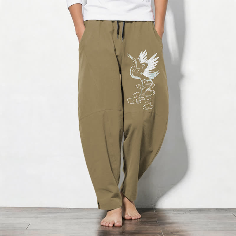 Buddha Stones Pantalon fuselé pour homme en pur coton blanc à motif de grues, avec cordon de serrage et poches - Kaki foncé - US/UK/AU50，EU60 (5XL) - image 14
