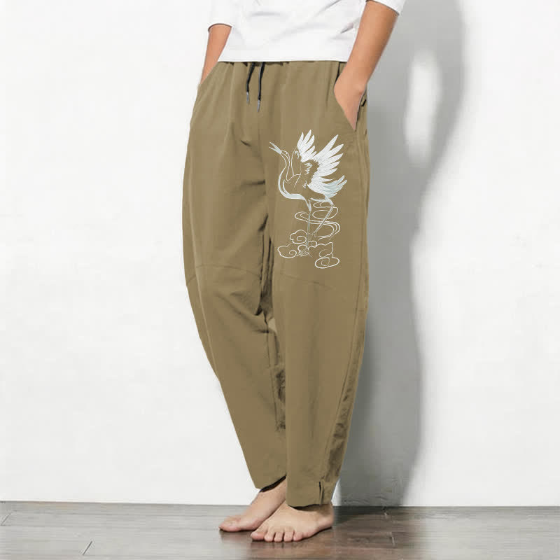 Buddha Stones Pantalon fuselé pour homme en pur coton blanc à motif de grues, avec cordon de serrage et poches - image 15