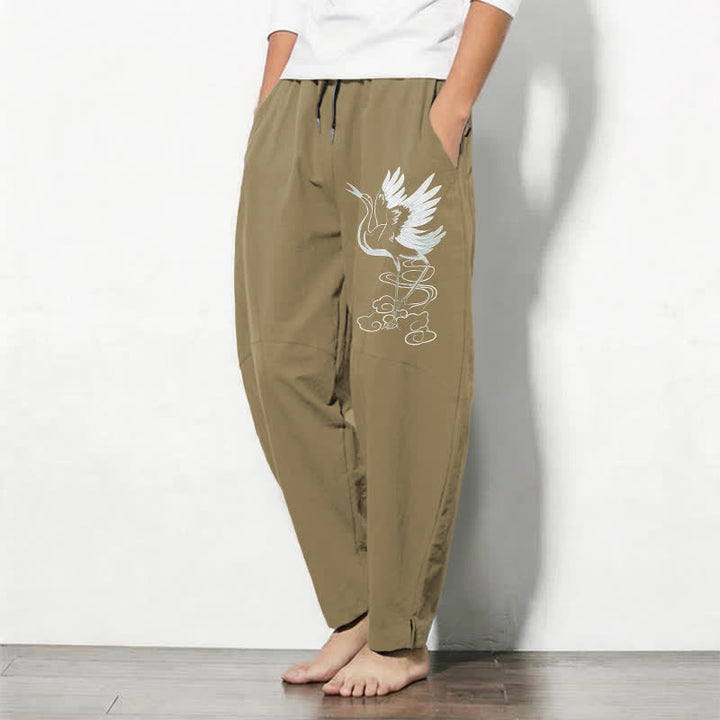 Buddha Stones Pantalon fuselé pour homme en pur coton blanc à motif de grues, avec cordon de serrage et poches - image 15