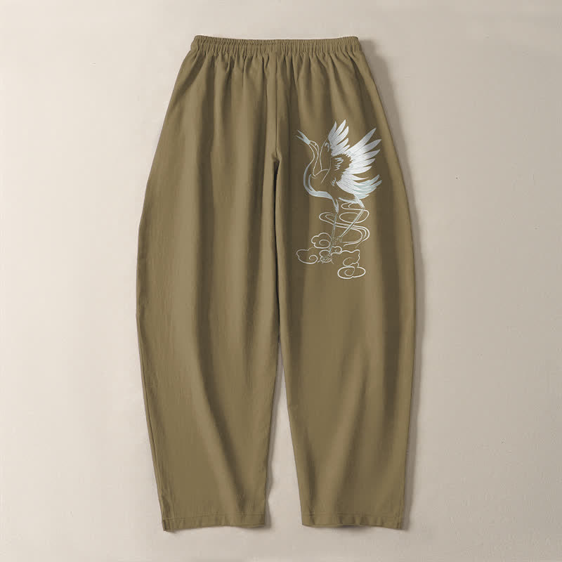 Buddha Stones Pantalon fuselé pour homme en pur coton blanc à motif de grues, avec cordon de serrage et poches - image 17
