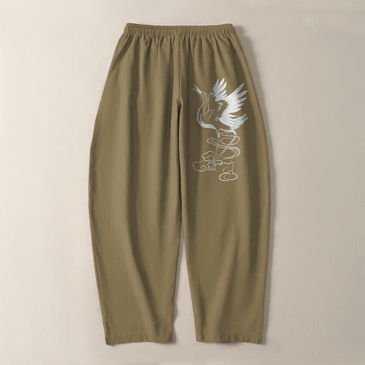Buddha Stones Pantalon fuselé pour homme en pur coton blanc à motif de grues, avec cordon de serrage et poches - image 17