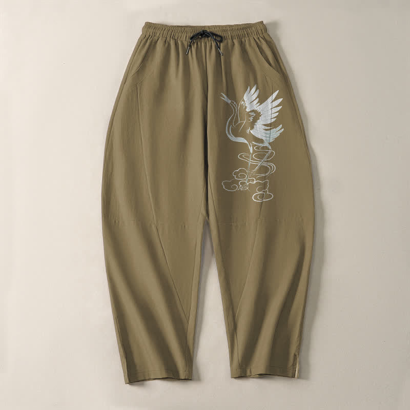 Buddha Stones Pantalon fuselé pour homme en pur coton blanc à motif de grues, avec cordon de serrage et poches - image 16