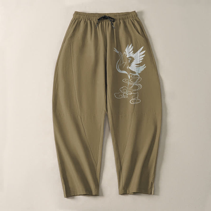 Buddha Stones Pantalon fuselé pour homme en pur coton blanc à motif de grues, avec cordon de serrage et poches - image 16