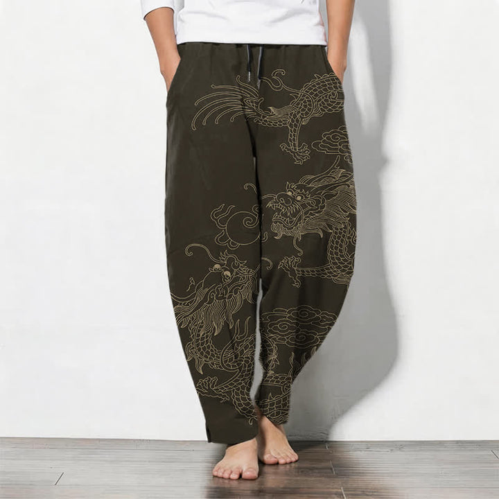 Buddha Stones Pantalon fuselé pour homme en pur coton, motif nuage de dragon doré, cordon de serrage et poches - SaddleBrown - US/UK/AU50，EU60 (5XL) - image 0