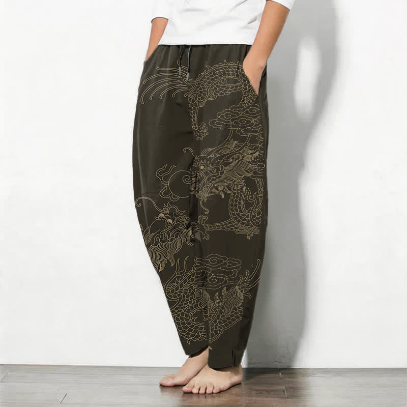Buddha Stones Pantalon fuselé pour homme en pur coton, motif nuage de dragon doré, cordon de serrage et poches - image 1