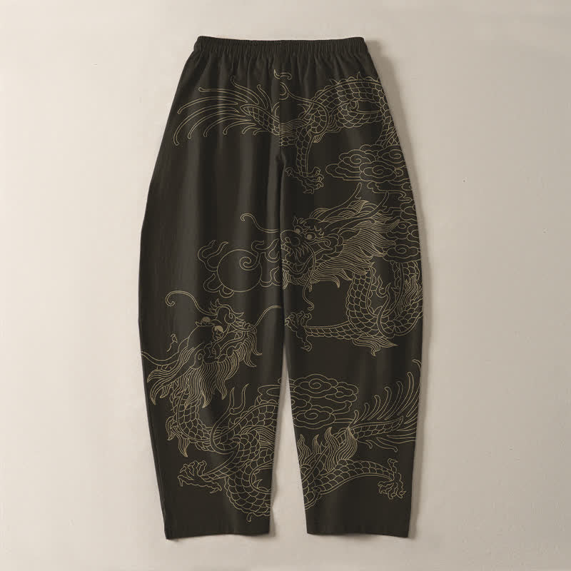 Buddha Stones Pantalon fuselé pour homme en pur coton, motif nuage de dragon doré, cordon de serrage et poches - Noir - US/UK/AU50，EU60 (5XL) - image 3