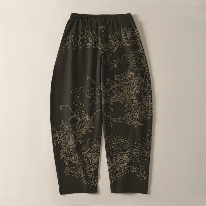 Buddha Stones Pantalon fuselé pour homme en pur coton, motif nuage de dragon doré, cordon de serrage et poches - Noir - US/UK/AU50，EU60 (5XL) - image 3