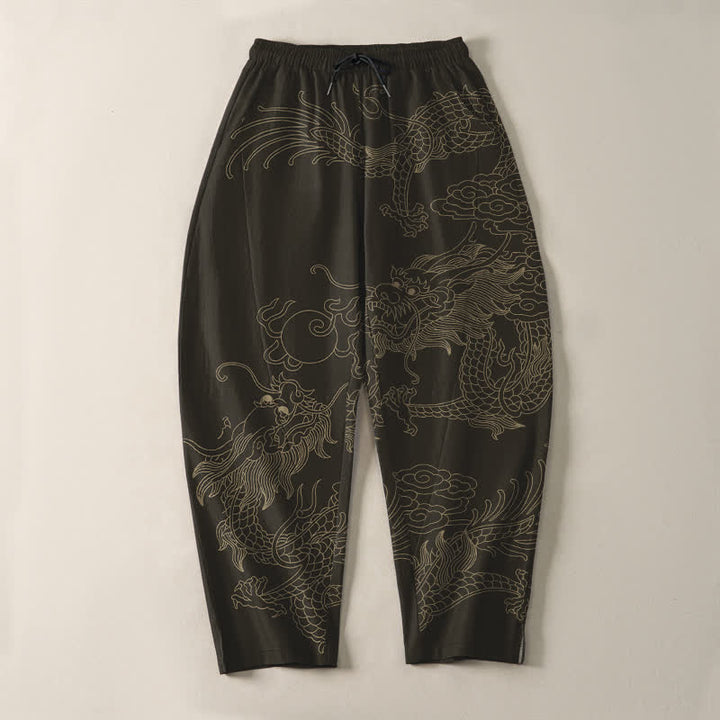 Buddha Stones Pantalon fuselé pour homme en pur coton, motif nuage de dragon doré, cordon de serrage et poches - image 2