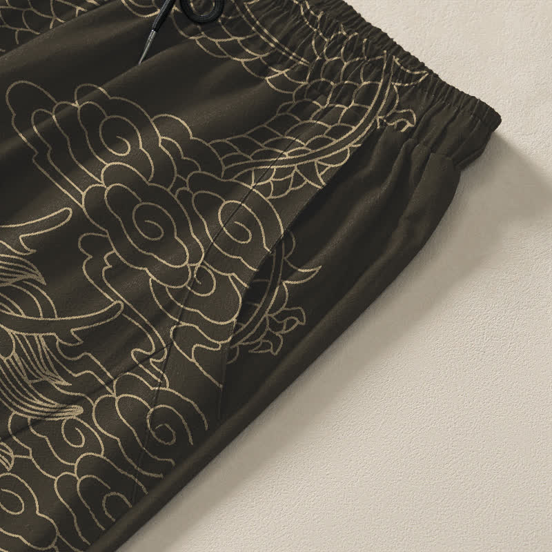 Buddha Stones Pantalon fuselé pour homme en pur coton, motif nuage de dragon doré, cordon de serrage et poches - image 4