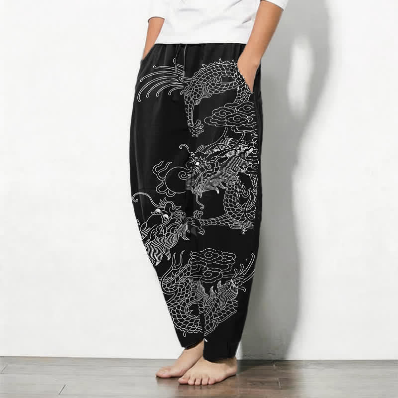 Buddha Stones Pantalon fuselé pour homme en pur coton, motif nuage de dragon doré, cordon de serrage et poches - image 8