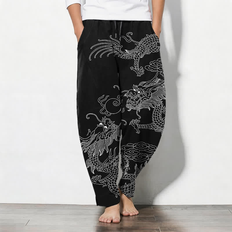 Buddha Stones Pantalon fuselé pour homme en pur coton, motif nuage de dragon doré, cordon de serrage et poches - image 7