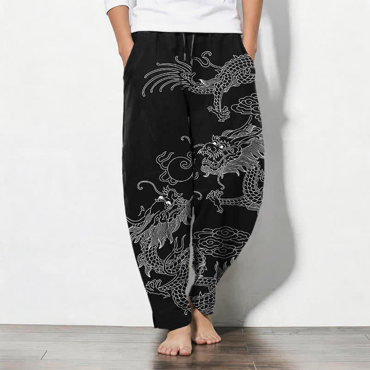 Buddha Stones Pantalon fuselé pour homme en pur coton, motif nuage de dragon doré, cordon de serrage et poches - image 7