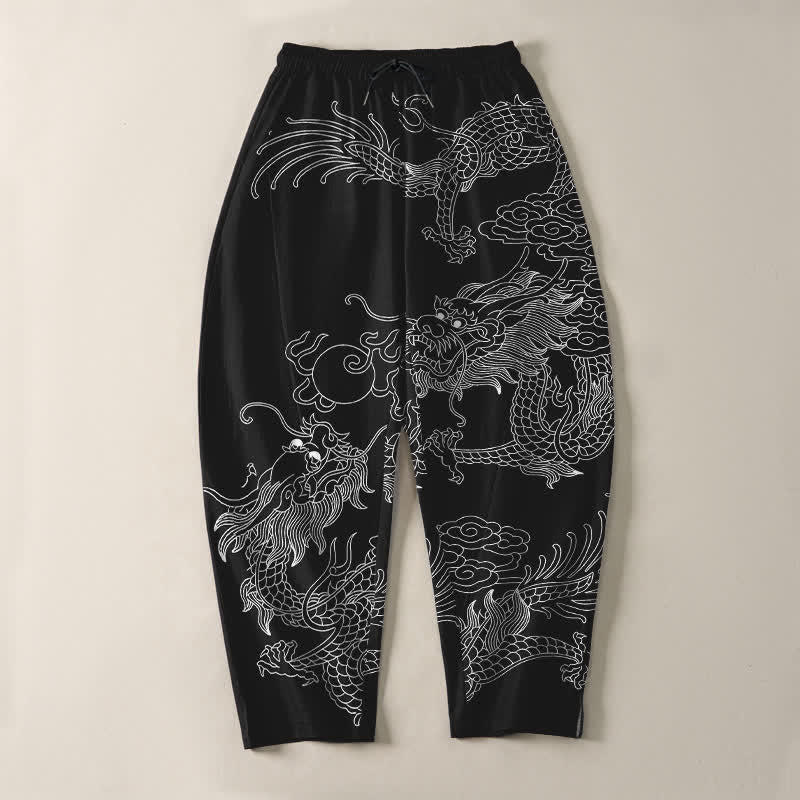 Buddha Stones Pantalon fuselé pour homme en pur coton, motif nuage de dragon doré, cordon de serrage et poches - image 9