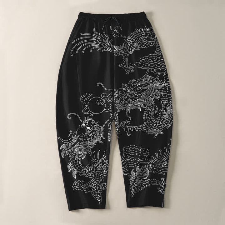 Buddha Stones Pantalon fuselé pour homme en pur coton, motif nuage de dragon doré, cordon de serrage et poches - image 9