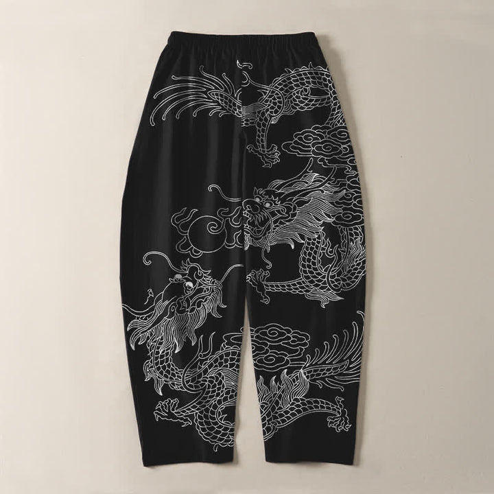 Buddha Stones Pantalon fuselé pour homme en pur coton, motif nuage de dragon doré, cordon de serrage et poches - image 10