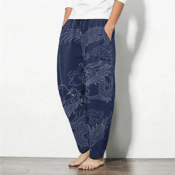 Buddha Stones Pantalon fuselé pour homme en pur coton, motif nuage de dragon doré, cordon de serrage et poches - image 15