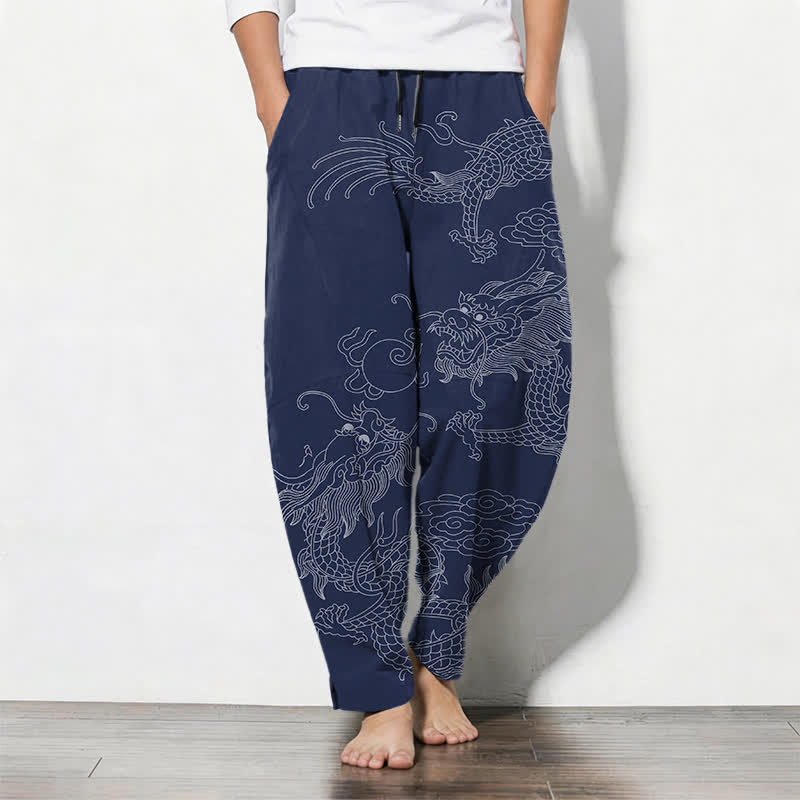 Buddha Stones Pantalon fuselé pour homme en pur coton, motif nuage de dragon doré, cordon de serrage et poches - Marine - US/UK/AU50，EU60 (5XL) - image 14