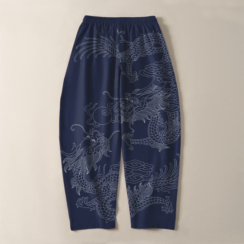 Buddha Stones Pantalon fuselé pour homme en pur coton, motif nuage de dragon doré, cordon de serrage et poches - image 17