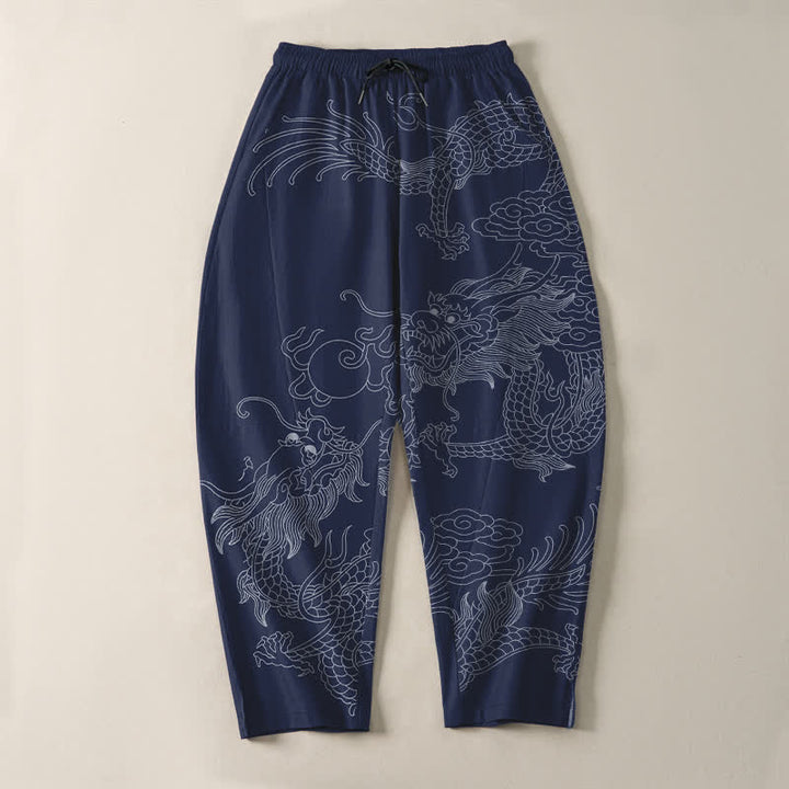 Buddha Stones Pantalon fuselé pour homme en pur coton, motif nuage de dragon doré, cordon de serrage et poches - image 16