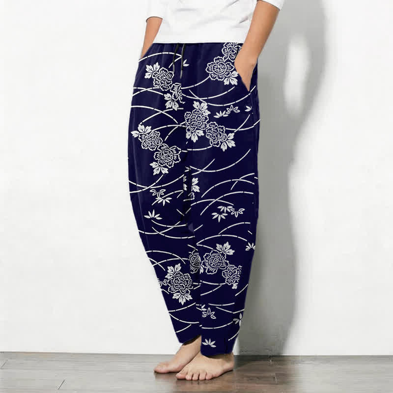 Buddha Stones Pantalon fuselé pour homme en pur coton blanc à motif floral et vigne, avec cordon de serrage et poches. - image 1