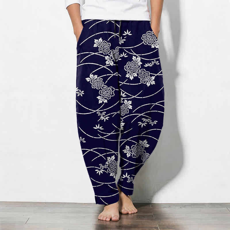 Buddha Stones Pantalon fuselé pour homme en pur coton blanc à motif floral et vigne, avec cordon de serrage et poches. - Marine - US/UK/AU50，EU60 (5XL) - image 0