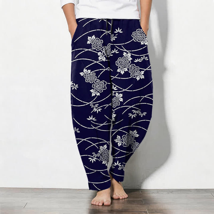 Buddha Stones Pantalon fuselé pour homme en pur coton blanc à motif floral et vigne, avec cordon de serrage et poches. - Marine - US/UK/AU50，EU60 (5XL) - image 0