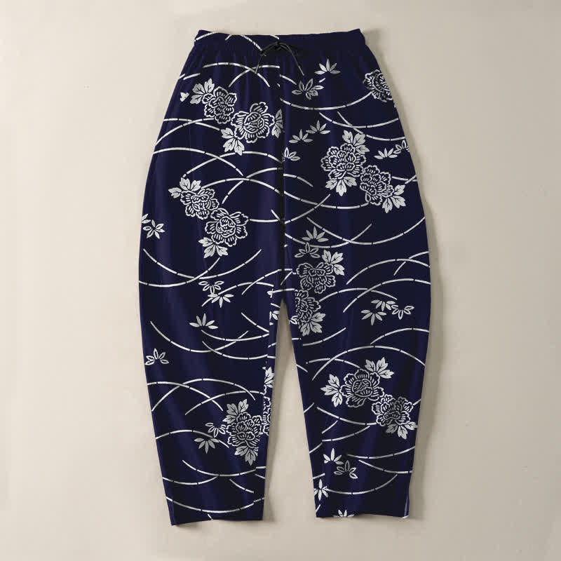 Buddha Stones Pantalon fuselé pour homme en pur coton blanc à motif floral et vigne, avec cordon de serrage et poches. - image 2