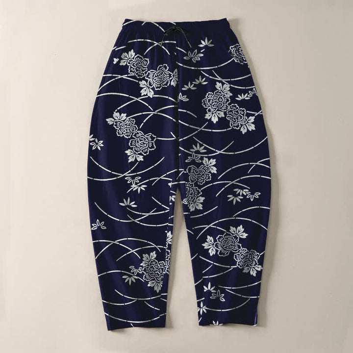 Buddha Stones Pantalon fuselé pour homme en pur coton blanc à motif floral et vigne, avec cordon de serrage et poches. - image 2