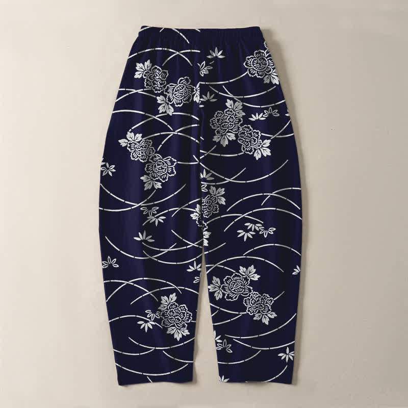 Buddha Stones Pantalon fuselé pour homme en pur coton blanc à motif floral et vigne, avec cordon de serrage et poches. - image 3