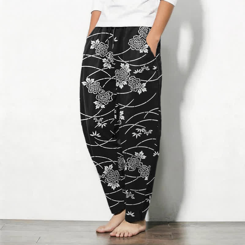 Buddha Stones Pantalon fuselé pour homme en pur coton blanc à motif floral et vigne, avec cordon de serrage et poches. - image 8