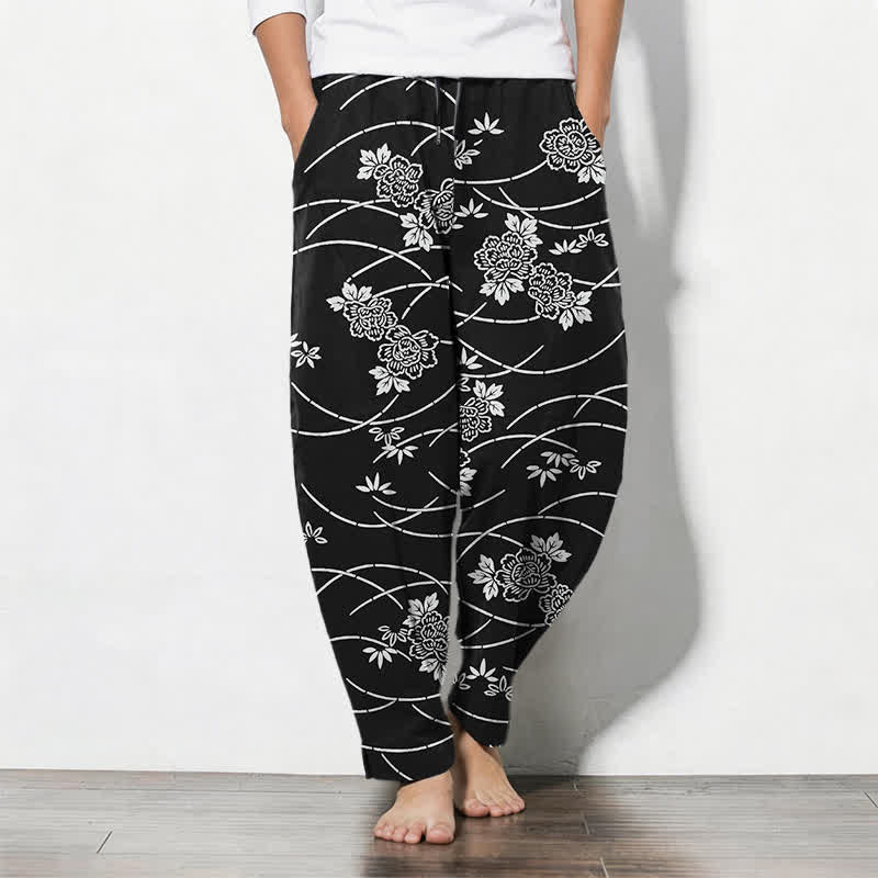Buddha Stones Pantalon fuselé pour homme en pur coton blanc à motif floral et vigne, avec cordon de serrage et poches. - Noir - US/UK/AU50，EU60 (5XL) - image 7