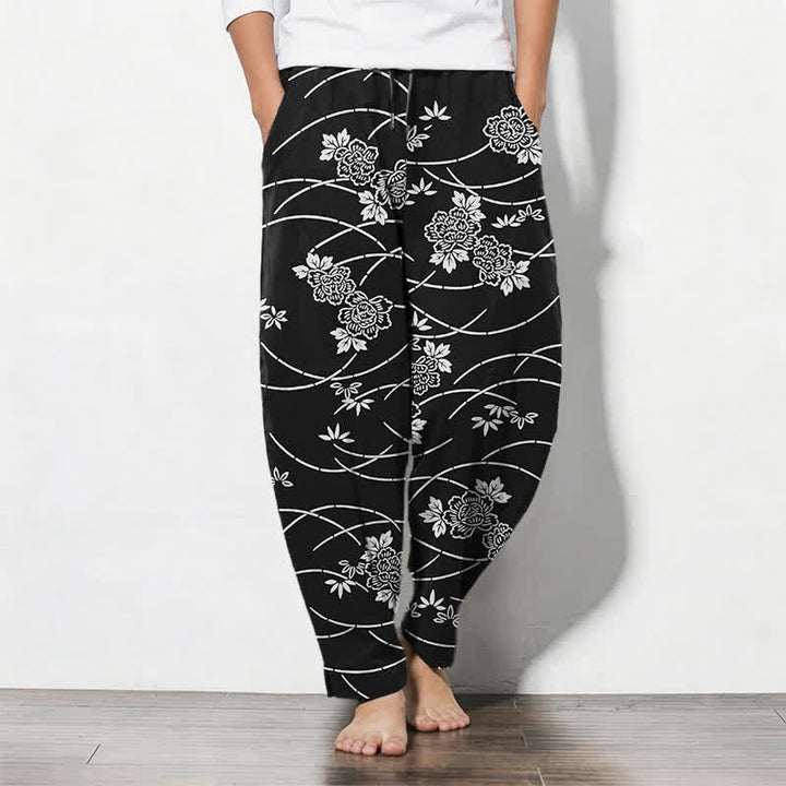 Buddha Stones Pantalon fuselé pour homme en pur coton blanc à motif floral et vigne, avec cordon de serrage et poches. - Noir - US/UK/AU50，EU60 (5XL) - image 7