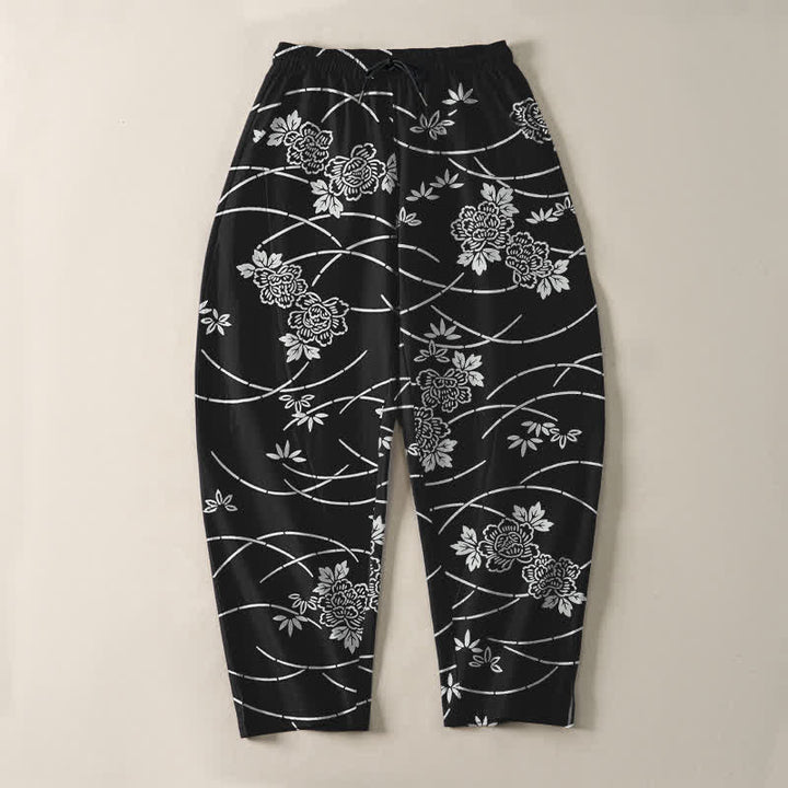 Buddha Stones Pantalon fuselé pour homme en pur coton blanc à motif floral et vigne, avec cordon de serrage et poches. - image 9