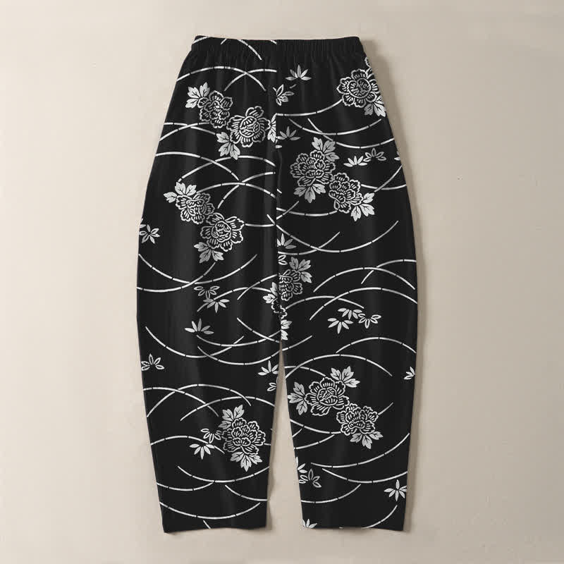 Buddha Stones Pantalon fuselé pour homme en pur coton blanc à motif floral et vigne, avec cordon de serrage et poches. - image 10