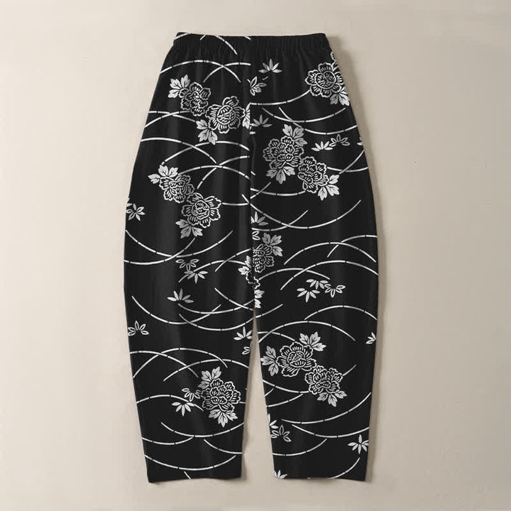Buddha Stones Pantalon fuselé pour homme en pur coton blanc à motif floral et vigne, avec cordon de serrage et poches. - image 10