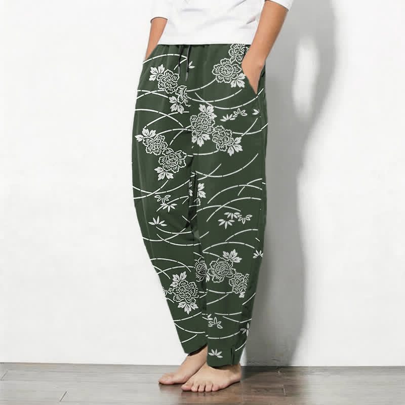 Buddha Stones Pantalon fuselé pour homme en pur coton blanc à motif floral et vigne, avec cordon de serrage et poches. - image 12