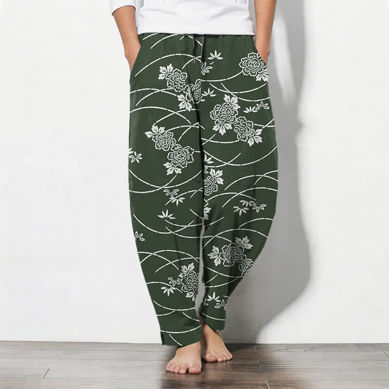 Buddha Stones Pantalon fuselé pour homme en pur coton blanc à motif floral et vigne, avec cordon de serrage et poches. - Vert forêt - US/UK/AU50，EU60 (5XL) - image 11