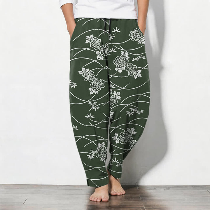 Buddha Stones Pantalon fuselé pour homme en pur coton blanc à motif floral et vigne, avec cordon de serrage et poches. - Vert forêt - US/UK/AU50，EU60 (5XL) - image 11