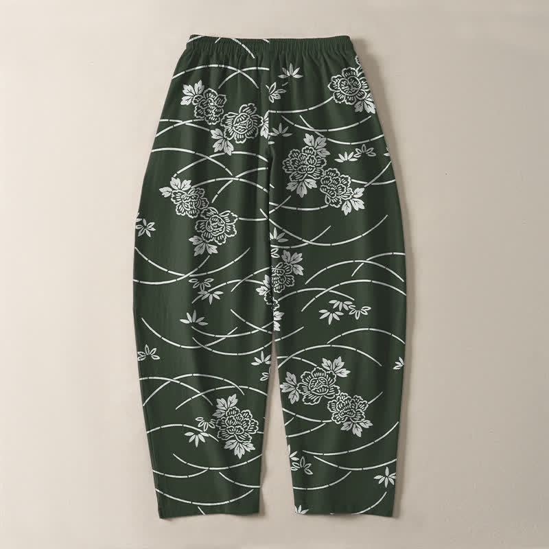 Buddha Stones Pantalon fuselé pour homme en pur coton blanc à motif floral et vigne, avec cordon de serrage et poches. - image 14