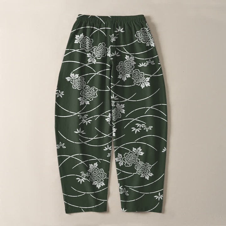 Buddha Stones Pantalon fuselé pour homme en pur coton blanc à motif floral et vigne, avec cordon de serrage et poches. - image 14