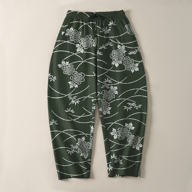 Buddha Stones Pantalon fuselé pour homme en pur coton blanc à motif floral et vigne, avec cordon de serrage et poches. - image 13
