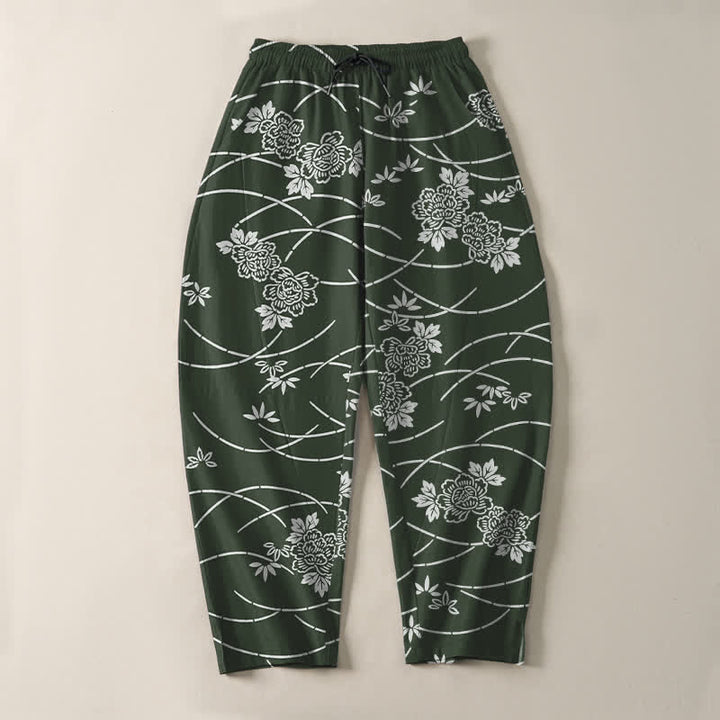 Buddha Stones Pantalon fuselé pour homme en pur coton blanc à motif floral et vigne, avec cordon de serrage et poches. - image 13