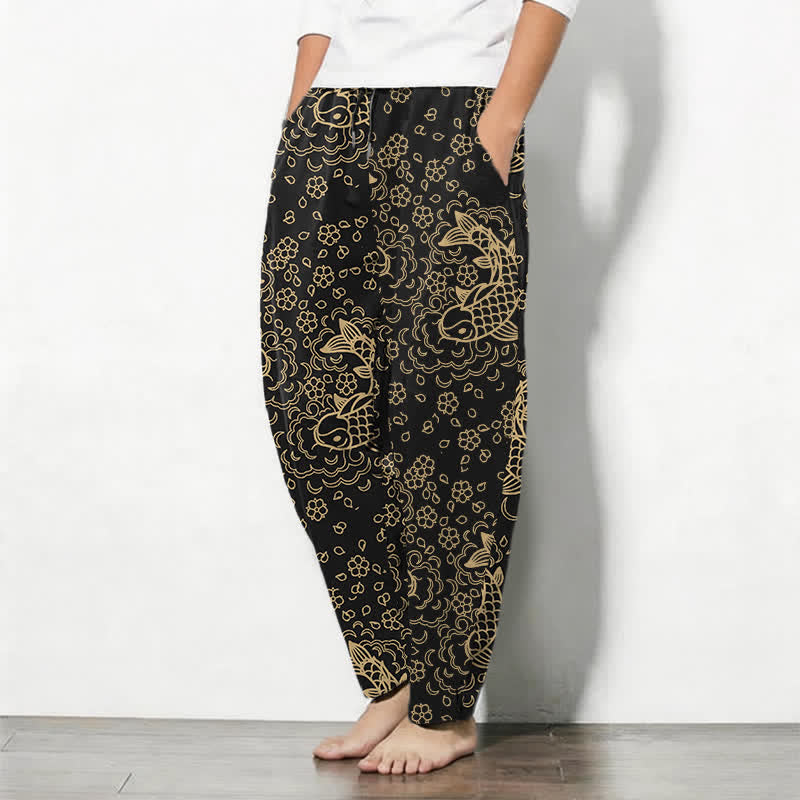 Buddha Stones Pantalon fuselé pour homme en pur coton, motif floral et carpes koï dorées, cordon de serrage et poches - image 1